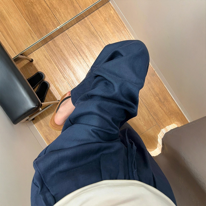 春夏藏青色棉麻阔腿裤子女大码胖mm显瘦遮肚今年流行梧桐裤休闲裤