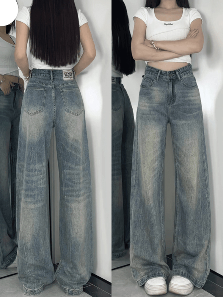 垂感十足的遮肉阔腿牛仔裤很显瘦