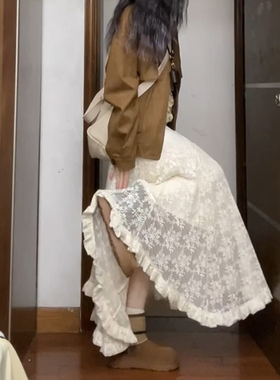 不规则蕾丝重工长裙白色半身裙大码女秋季流行风格梨型伯克利裙子