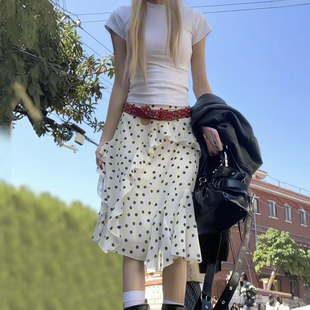 不规则中裙波点白色半身短裙女春天ootd穿搭大码 梨型身材伯克利裙