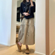 复古卡其色拼接a字半身裙春装 胖mm韩系穿搭休闲中长压褶伞裙 大码