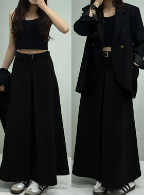 韩版秋季新款黑色百褶伯克利半裙女款大码胖mm西装a字半身长裙子