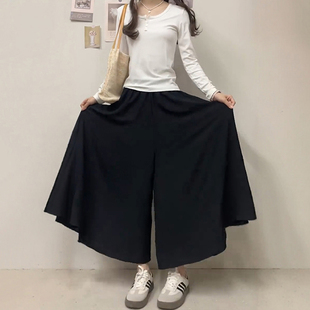 裙大码 穿搭冰丝女奶芙裙裤 胖mm显瘦宽松阔腿裤 薄款 夏季 黑色休闲裤
