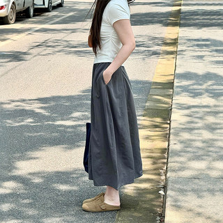 深灰色冰丝工装南瓜长裙夏季薄款女大码小个子速干拼接花苞半身裙