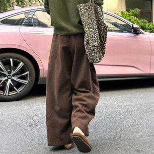 咖色今年流行梧桐裤 加厚毛呢阔腿裤 冬大码 子女2025新款 休闲棕色裤