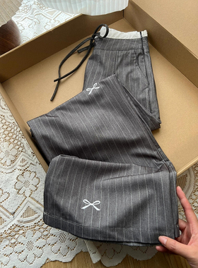 灰色条纹格雷系双腰头阔腿西装裤女春大码胖mm宽松蝴蝶结休闲长裤