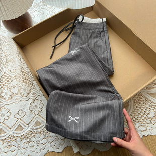 胖mm宽松蝴蝶结休闲长裤 女春大码 裤 灰色条纹格雷系双腰头阔腿西装