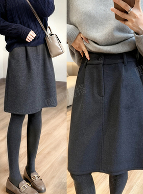 深灰色花苞中裙秋冬毛呢半身裙大码女装小个子短裙梨形伯克利裙子