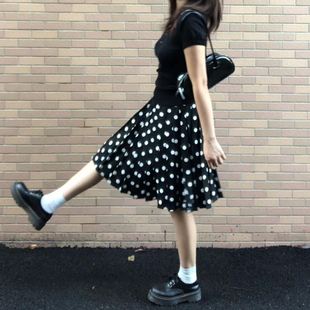 黑色波点百褶中裙半身裙大码 小个子短裙梨型身材伯克利裙子 女春季