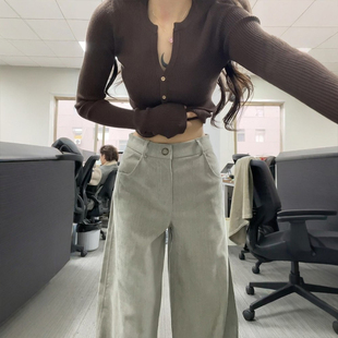 裤 今年流行梧桐裤 大码 子2026新款 女休闲弯刀裤 灰绿色阔腿镰刀西装