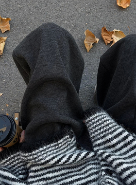 黑色糯米裤大码秋冬穿搭运动毛呢加绒阔腿裤小个子今年流行梧桐裤