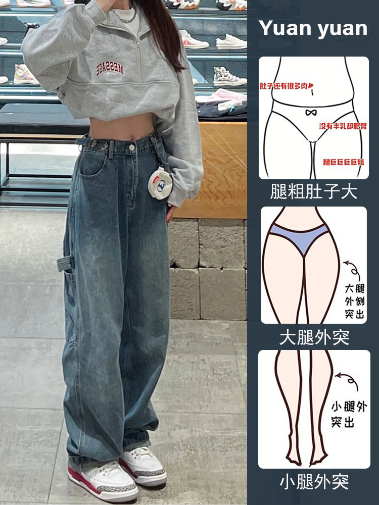 大码胖妹妹工装裤子日系慵懒坠感春季百搭遮腿粗屁股大阔腿牛仔裤