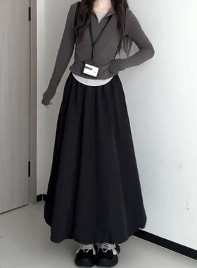 黑色赫本花苞裙夏季女大码胖mm垂感蓬蓬半身长裙a字伯克利半裙子