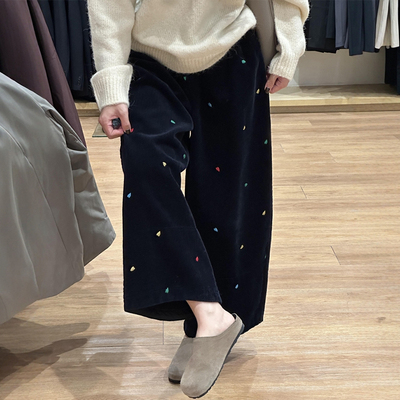 藏青色刺绣灯芯绒裤女款小个子