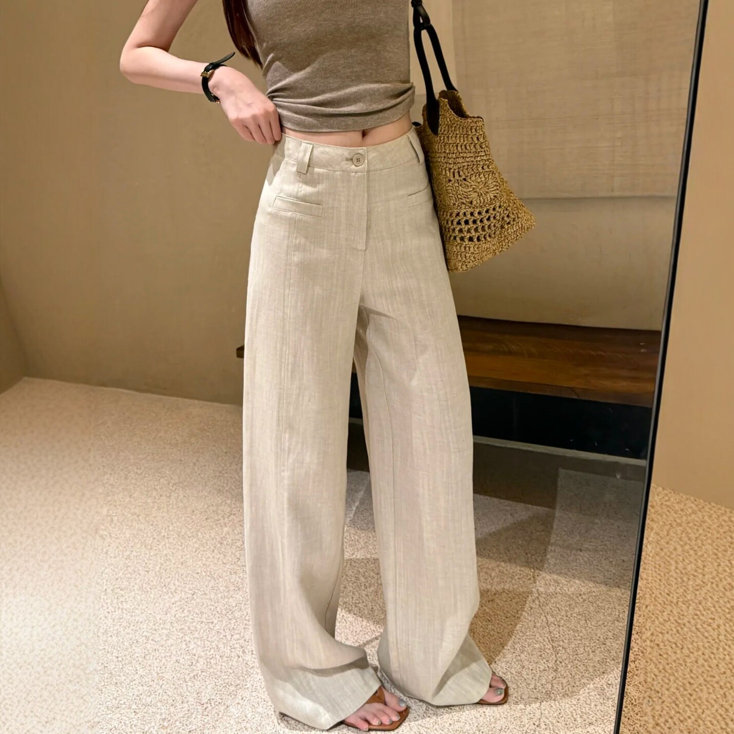 天丝亚麻休闲裤女士夏季薄款裤子松弛感高腰显瘦老钱风穿搭阔腿裤