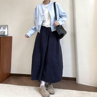 藏青色花苞长裙半身裙大码胖mm春款2026新款女装梨型工装蓬蓬裙子