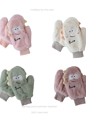 手套女冬保暖可爱刺绣恐龙毛绒绒挂脖连指新款卡通ins加绒加厚