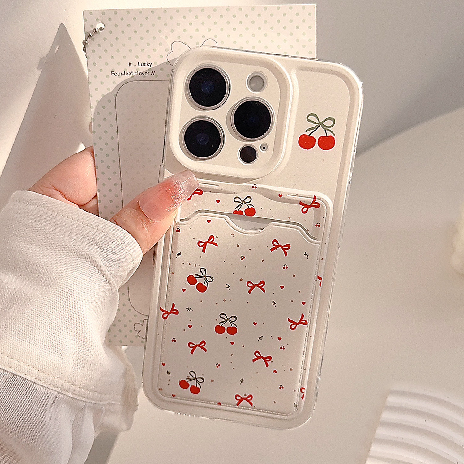 小众ins红色蝴蝶结樱桃卡包适用苹果16promax手机壳iphone17甜美14pro女款12日韩风11全包软壳15插卡包13透明