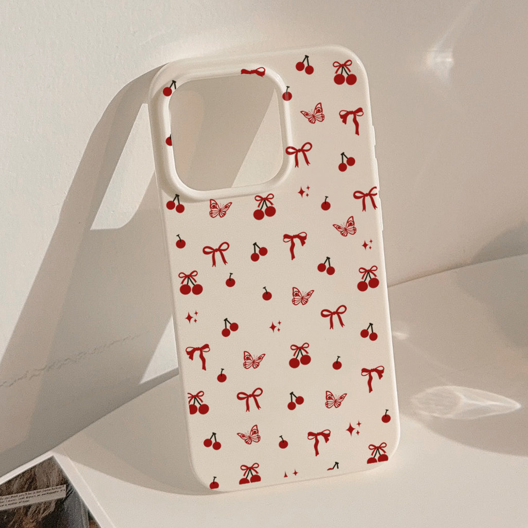 ins韩系少女红色蝴蝶结樱桃适用苹果16promax手机壳iph