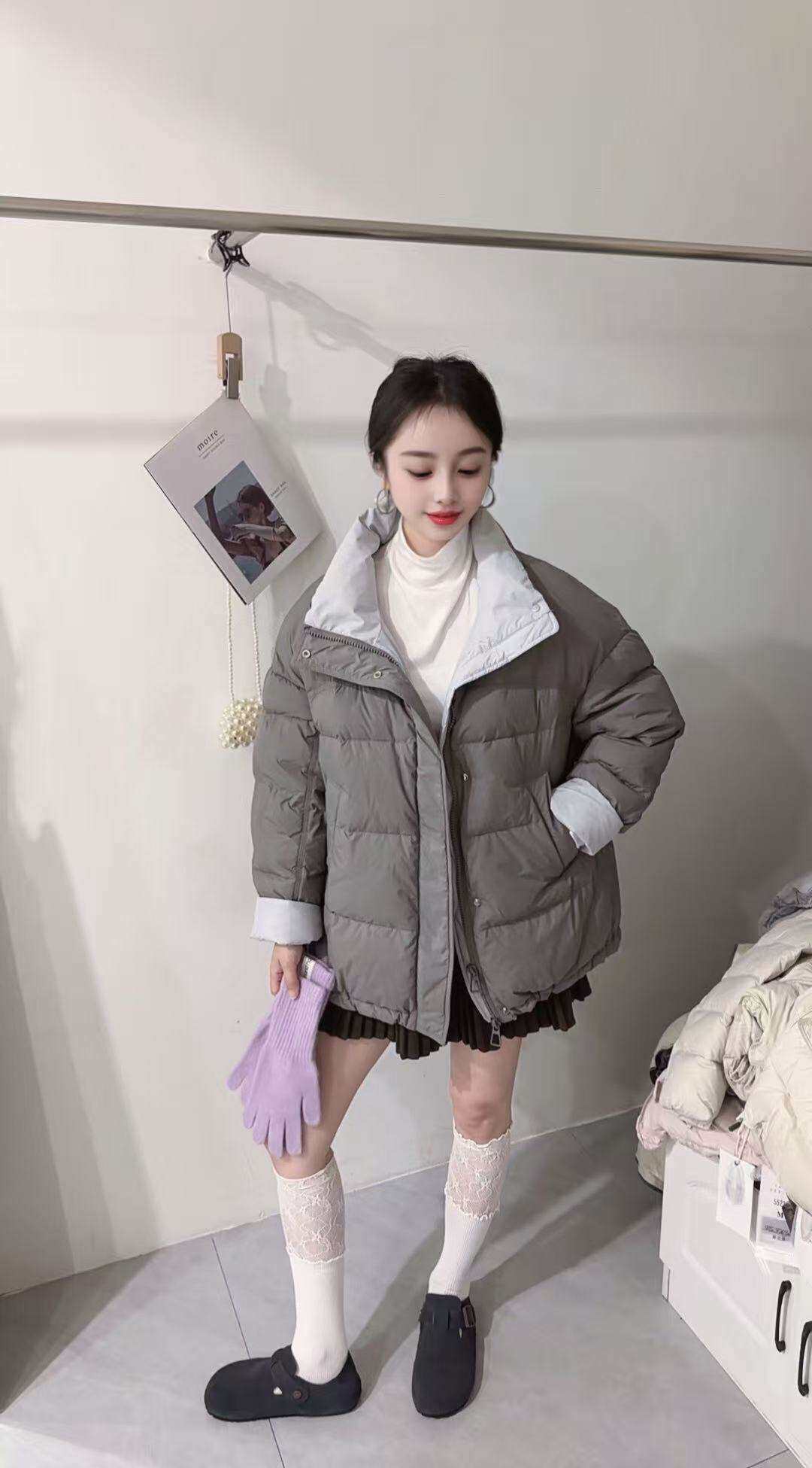 本期必入中长款撞色立领短款羽绒服女冬宽松显瘦百搭白鸭绒外套