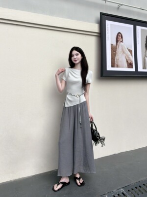 休闲系带显瘦套装女2026夏新款收腰显瘦T恤高腰大摆裙两件套S721