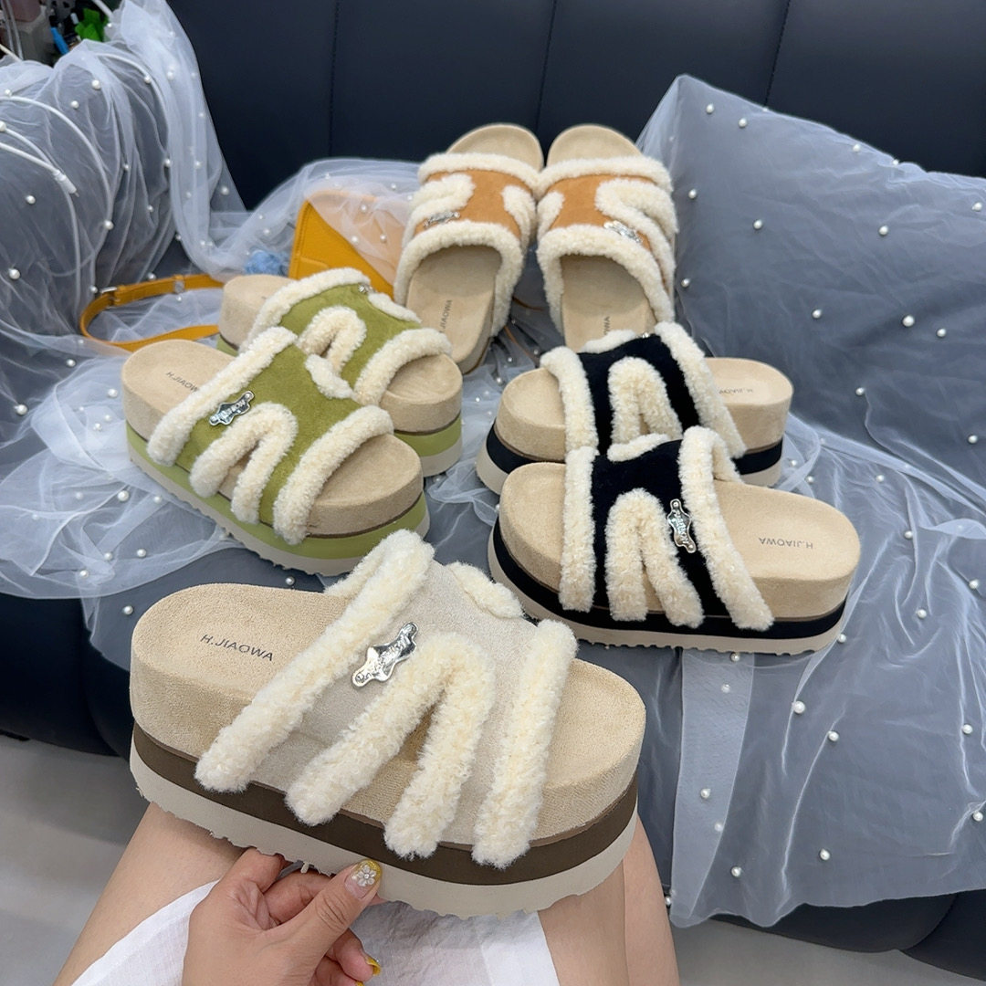 重工厚底高跟毛毛鞋拖女ins潮外穿休闲百搭一字勃肯鞋毛绒绒拖鞋图片