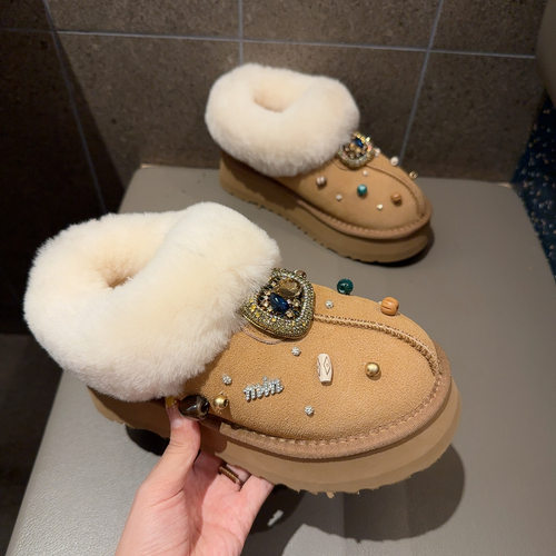 欧货重工水钻毛毛鞋保暖雪地棉靴女小个子增高厚底面包鞋时尚短靴