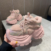 满钻松糕休闲运动鞋 欧货重工毛毛水钻厚底老爹鞋 女2025冬高帮棉鞋