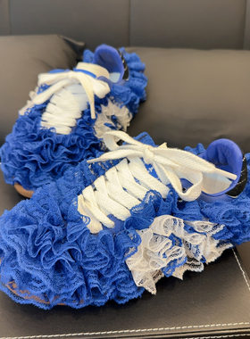欧货重工蕾丝花边系带休闲鞋女ins潮2026秋德训百搭蓝色平底单鞋