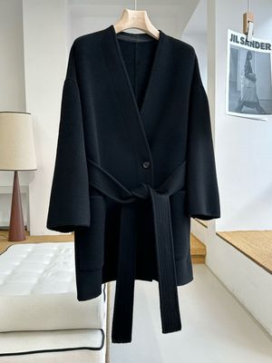 2025秋冬新款浴袍系带中长款气质青果领高级感双面羊绒大衣女外套