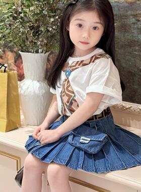 25新款儿童丝巾印花蝴蝶结圆领短袖T恤上衣牛仔半裙套装女宝童装