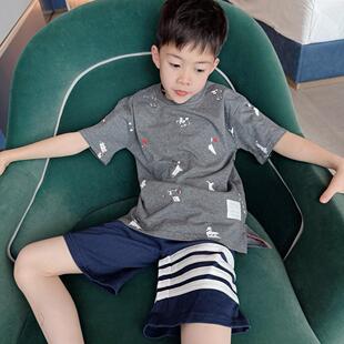 25春夏新款红帽小狗短袖T恤深灰色圆领纯棉衫上衣男女童百搭套装