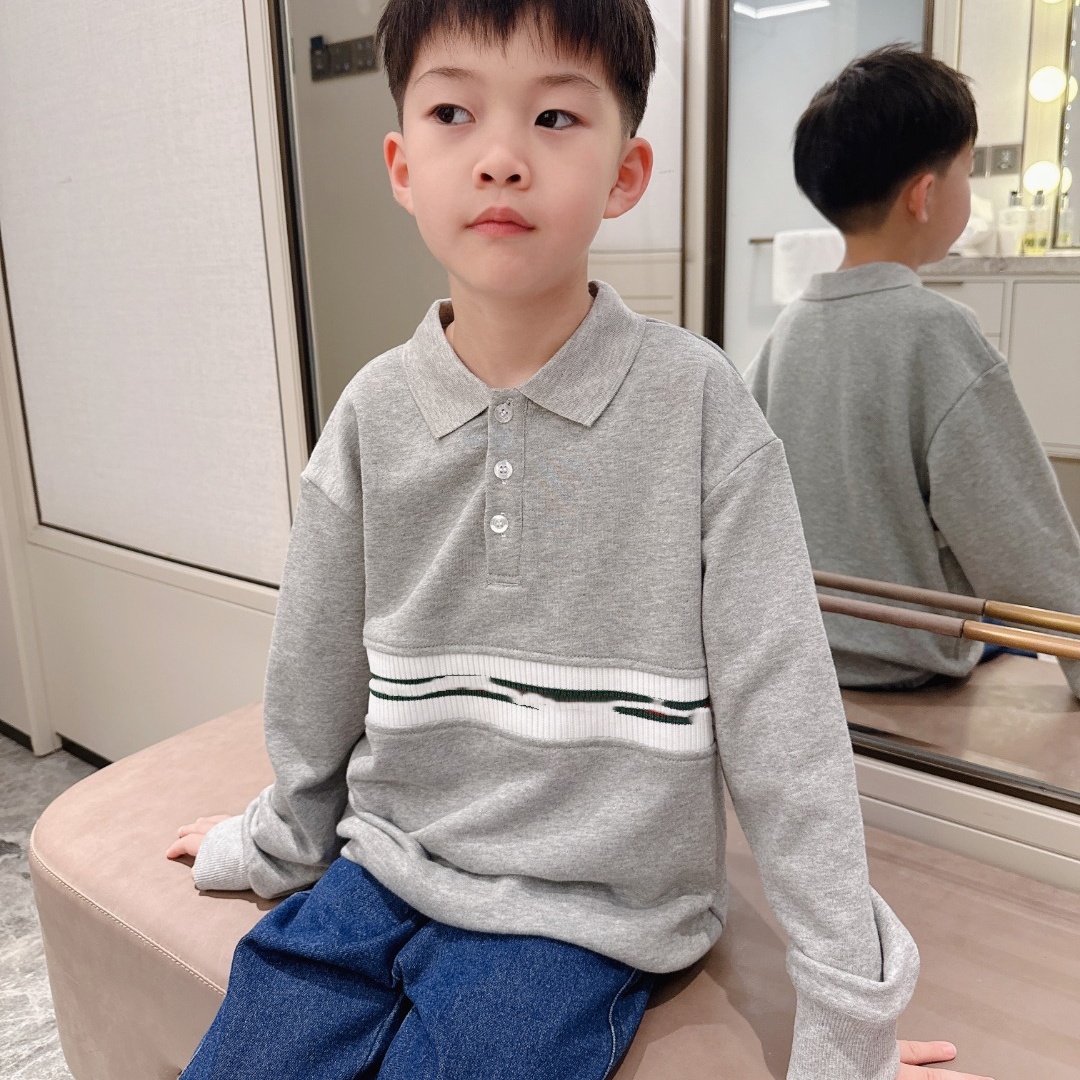 春秋新款螺纹织带条纹灰色翻领长袖卫衣男女童纯棉polo衫上衣童装