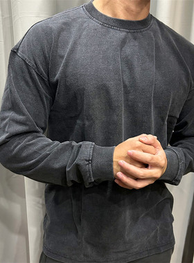 美式重磅宽松运动长袖T恤男纯棉水洗做旧打底衫健身卫衣春秋季