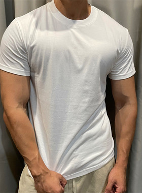 男士纯棉运动T恤短袖健身衣服修身宽松圆领t恤纯色打底上衣半袖夏