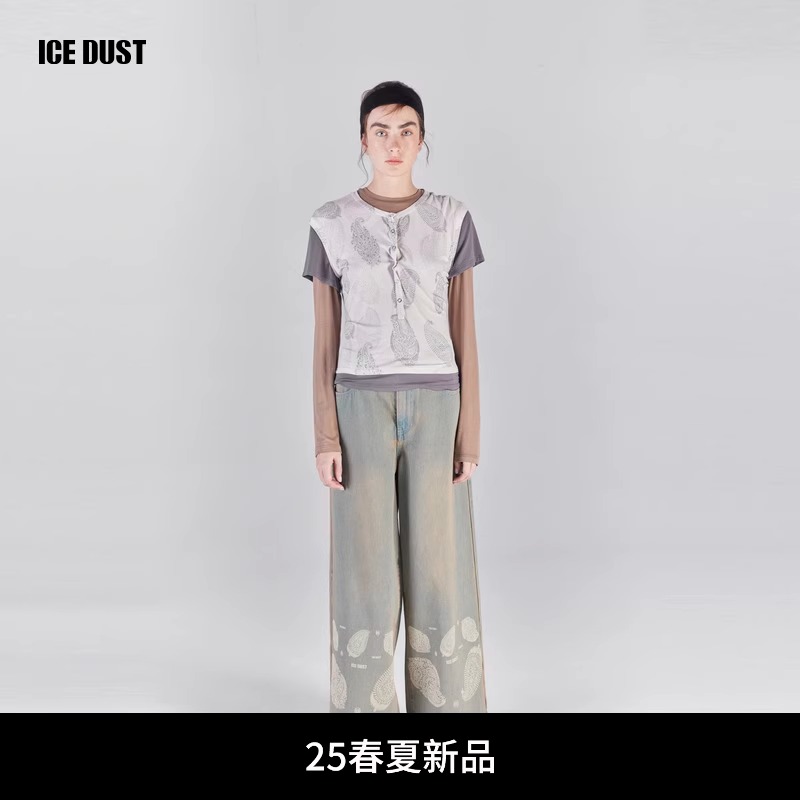 ICEDUST 25SS镭射腰果花阔腿牛仔裤春夏新款宽松休闲