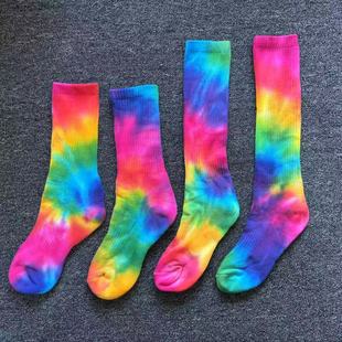 彩虹纯棉扎染中筒袜子加厚毛巾底男女秋冬ins tie dye日常中筒
