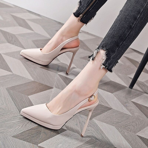 新款尖头后空一字扣带高跟单鞋