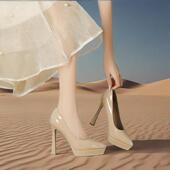 12cm防水台超高跟鞋 女尖头粗跟性感漆皮浅口单鞋 白色裸色10cm13cm