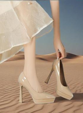 12cm防水台超高跟鞋女尖头粗跟性感漆皮浅口单鞋白色裸色10cm13cm