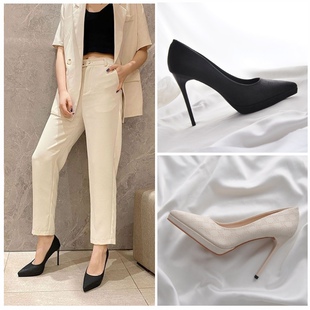 百搭尖头气质高跟鞋女小防水台细跟新款单鞋杏色黑色工作鞋8cm10c