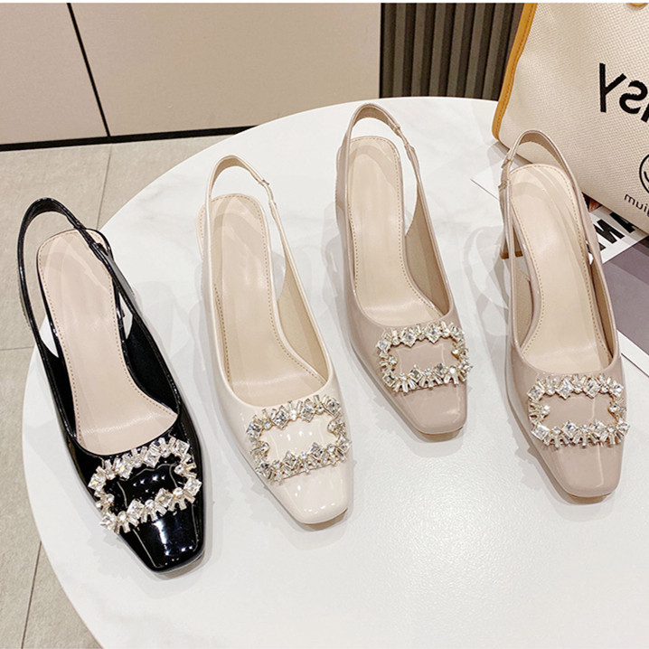 舒适百搭方头高跟鞋粗跟漆皮方扣水钻后空包头凉鞋女裸白色8cm7cm