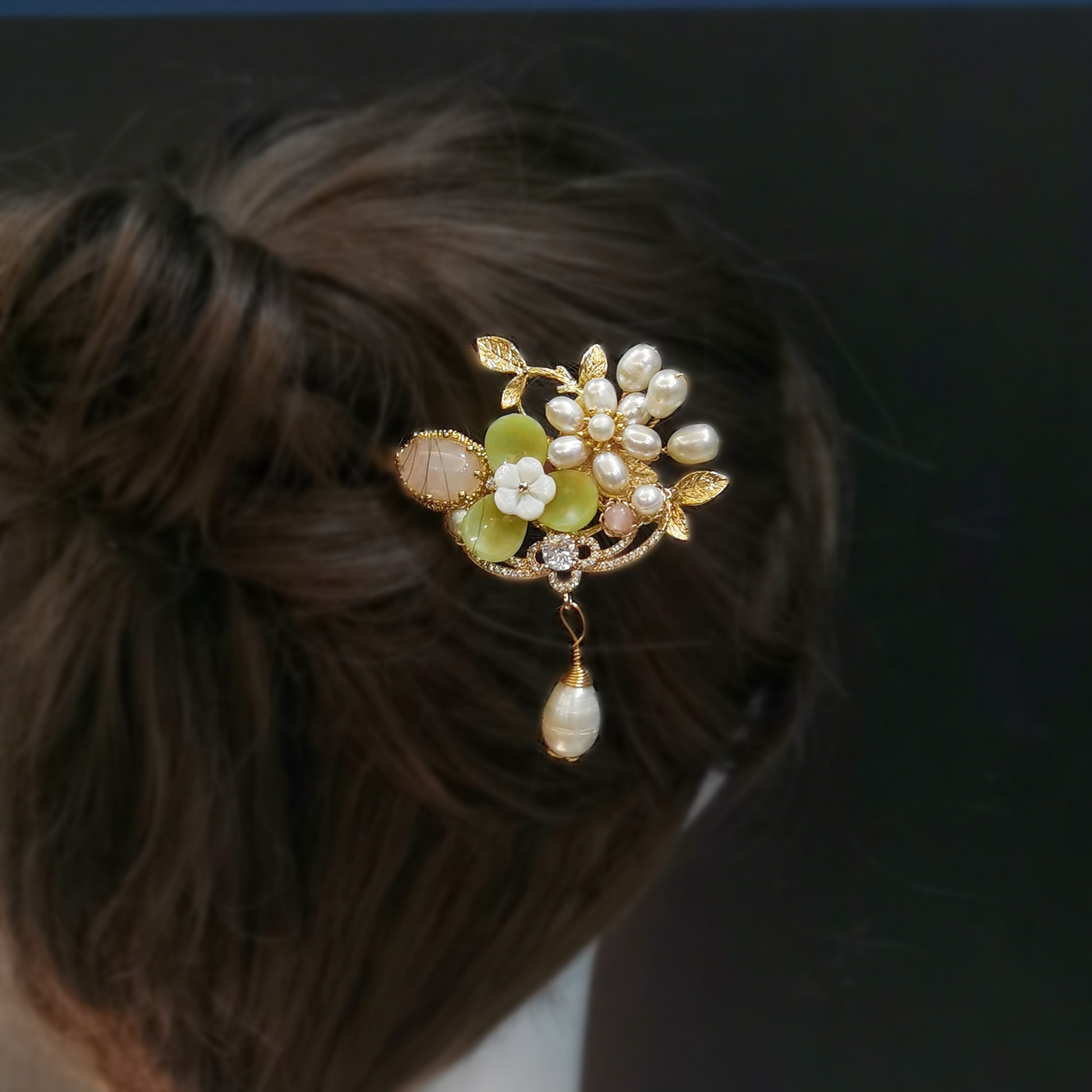 原创天然淡水珍珠粉水晶柠檬石复古民族风半宝石镀金发钗簪子