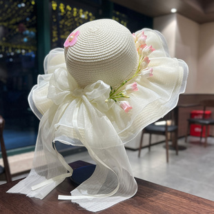 蕾丝蝴蝶结大帽檐沙滩草帽女2026春夏新款海边遮阳防晒太阳帽子潮