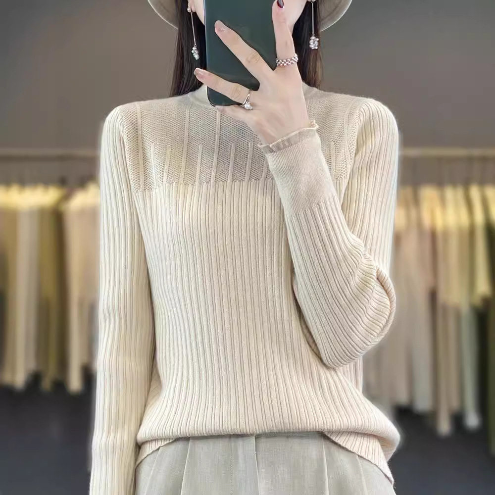 蕾丝花边领修身内搭打底衫女士半毛针织衫