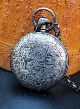 纯铜镀银上发条弦双开机械怀表挂表火车头罗马字盘复古玩道具收藏