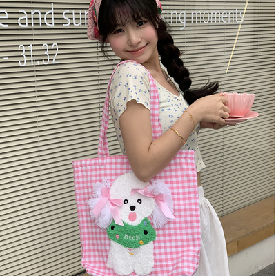 SEEUSODA原创狗狗创意棋盘格帆布包少女网红肩挎包多巴胺穿搭背