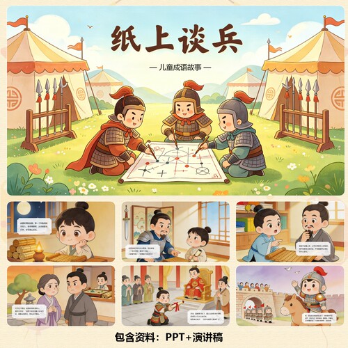 成语故事《纸上谈兵》PPT12页+背景乐+讲稿（500/740字） C001001