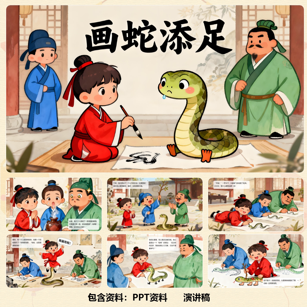 寓言成语故事《画蛇添足》PPT13页+背景乐+演讲稿658字 C00849
