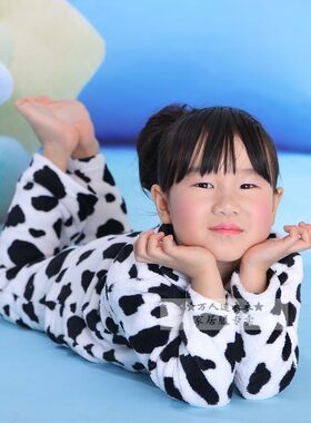 奶牛睡衣春秋季冬珊瑚绒宝宝小儿童男女孩家居服套装70 80约1岁